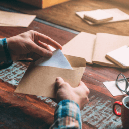 person putting letter into envelope at desk