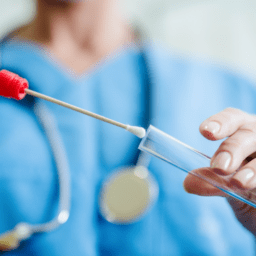 genetic testing for Young Onset Parkinson's. This is a headless woman who is putting a swab into a test tube. She is wearing blue scrubs and a stethoscope.