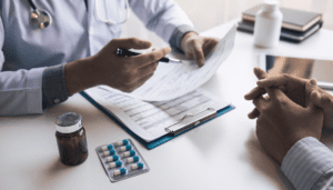 diagnosis there are two people sitting at a desk, no faces, going over paperwork