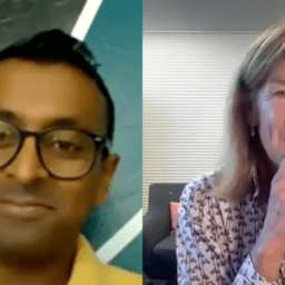 Advanced Parkinson's: dr. k is in front of a blue and black triangle background. He is an Indian man with black glasses, short black hair, and a yellow shirt. He has 5 o'clock shadow. Polly Dawkins is in her office. She has a blue banner behind her and a grey couch. She is wearing a white patterned shirt. She ahs shoulder-length blonde hair.