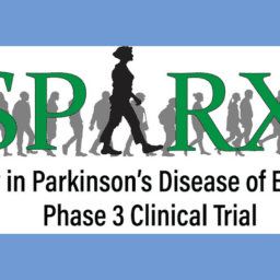 Sparx3 Logo on a blue background. The logo is the words "SPARX 3: Study in Parkinson's Disease of Exercise Phase 3 Clinical Trial." The word SPARX 3 is stylized as SP RX in kelly green Times New Roman font, the 3 in handwritten black font, and the A represented by a walking woman. Behind the logo is a line of grey people (graphic) walking. They all have different body shapes and genders.