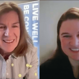 Polly Dawkins and Sara Chen discuss insurance while smiling.