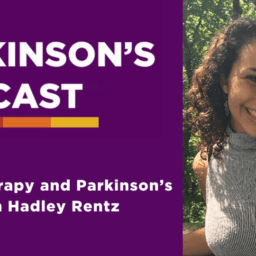 music therapy Parkinson's podcast logo with the words "Music Therapy and Parkinson’s with Hadley Rentz." Hadley rentz is on the right side of the picture, smiling with a grey sleeveless turtleneck and brown curly hair.