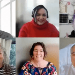 The Living with Parkinson's Meetup (Chris Krueger, Ambver Hesford, Kristi LaMonica, Brian Reedy, Robynn Moraites, and Kat Hill in clockwise from top-left) teach us about self-love while smiling.