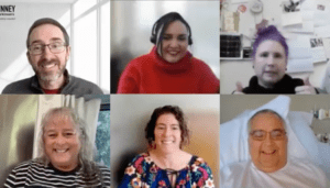 The Living with Parkinson's Meetup (Chris Krueger, Ambver Hesford, Kristi LaMonica, Brian Reedy, Robynn Moraites, and Kat Hill in clockwise from top-left) teach us about self-love while smiling.