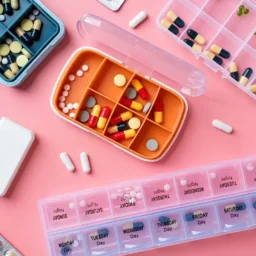 A variety of colorful medications in daily pill boxes site on a pink background.